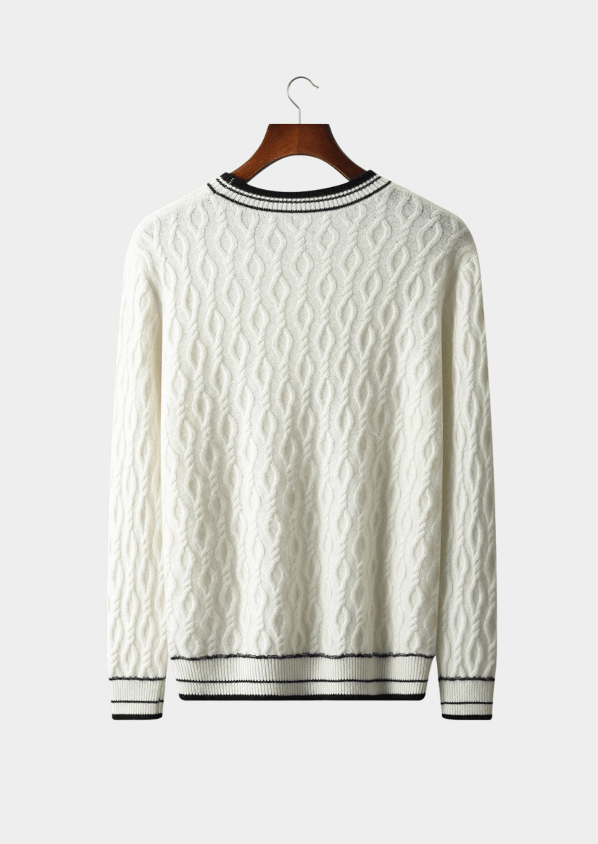 Men's Cable Knit Sweater With Striped Trim Crew Neck Layering - Nalani - UK Fashion Clothing and Decor