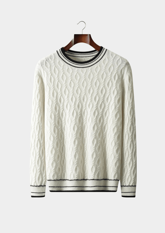 Men's Cable Knit Sweater With Striped Trim Crew Neck Layering - Nalani - UK Fashion Clothing and Decor