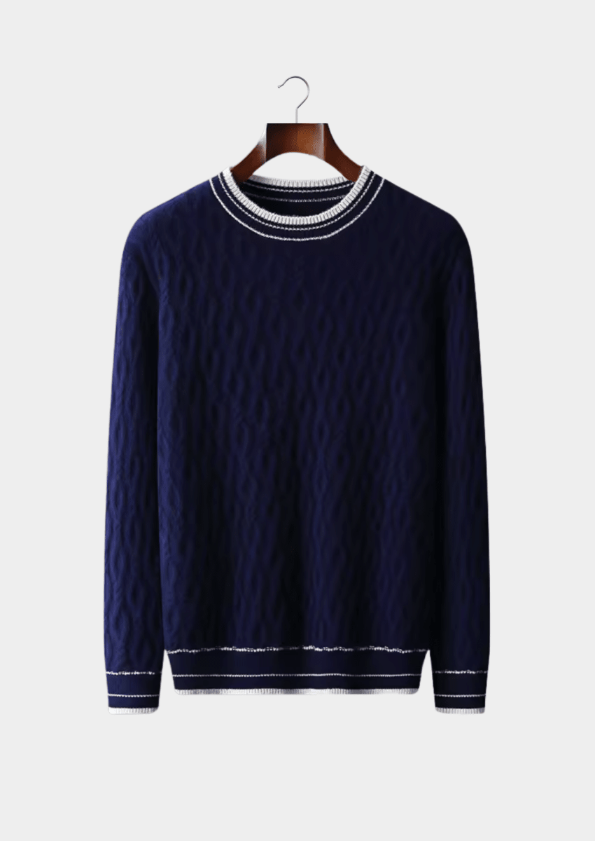 Men's Cable Knit Sweater With Striped Trim Crew Neck Layering - Nalani - UK Fashion Clothing and Decor
