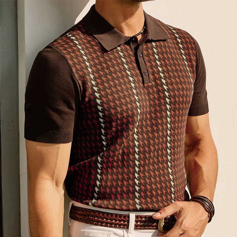 Men's Fine Knit Polo Shirt With Houndstooth Jacquard Panel - Nalani - UK Fashion Clothing and Decor