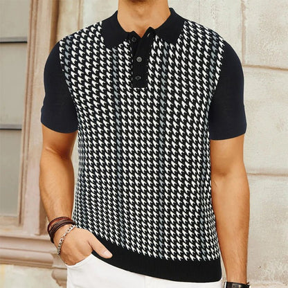 Men's Fine Knit Polo Shirt With Houndstooth Jacquard Panel - Nalani - UK Fashion Clothing and Decor