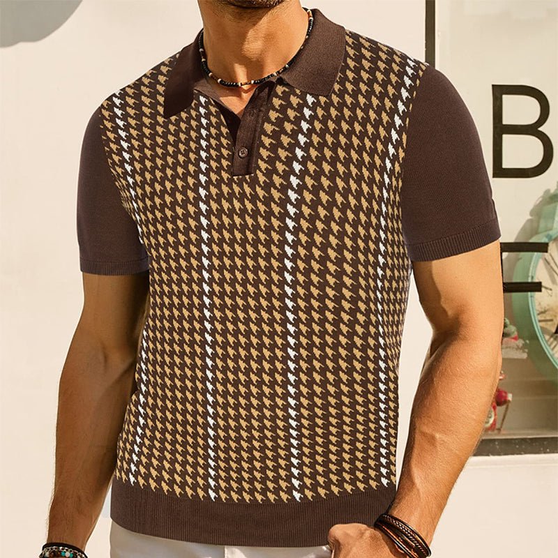Men's Fine Knit Polo Shirt With Houndstooth Jacquard Panel - Nalani - UK Fashion Clothing and Decor