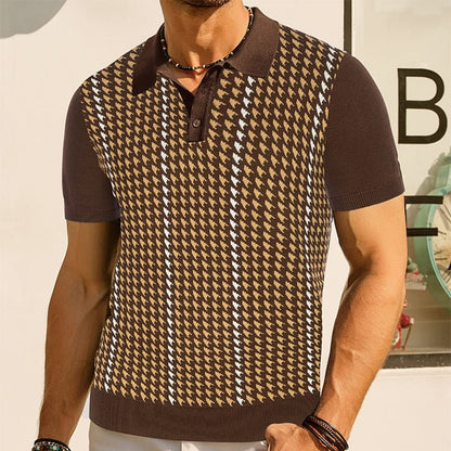 Men's Fine Knit Polo Shirt With Houndstooth Jacquard Panel - Nalani - UK Fashion Clothing and Decor