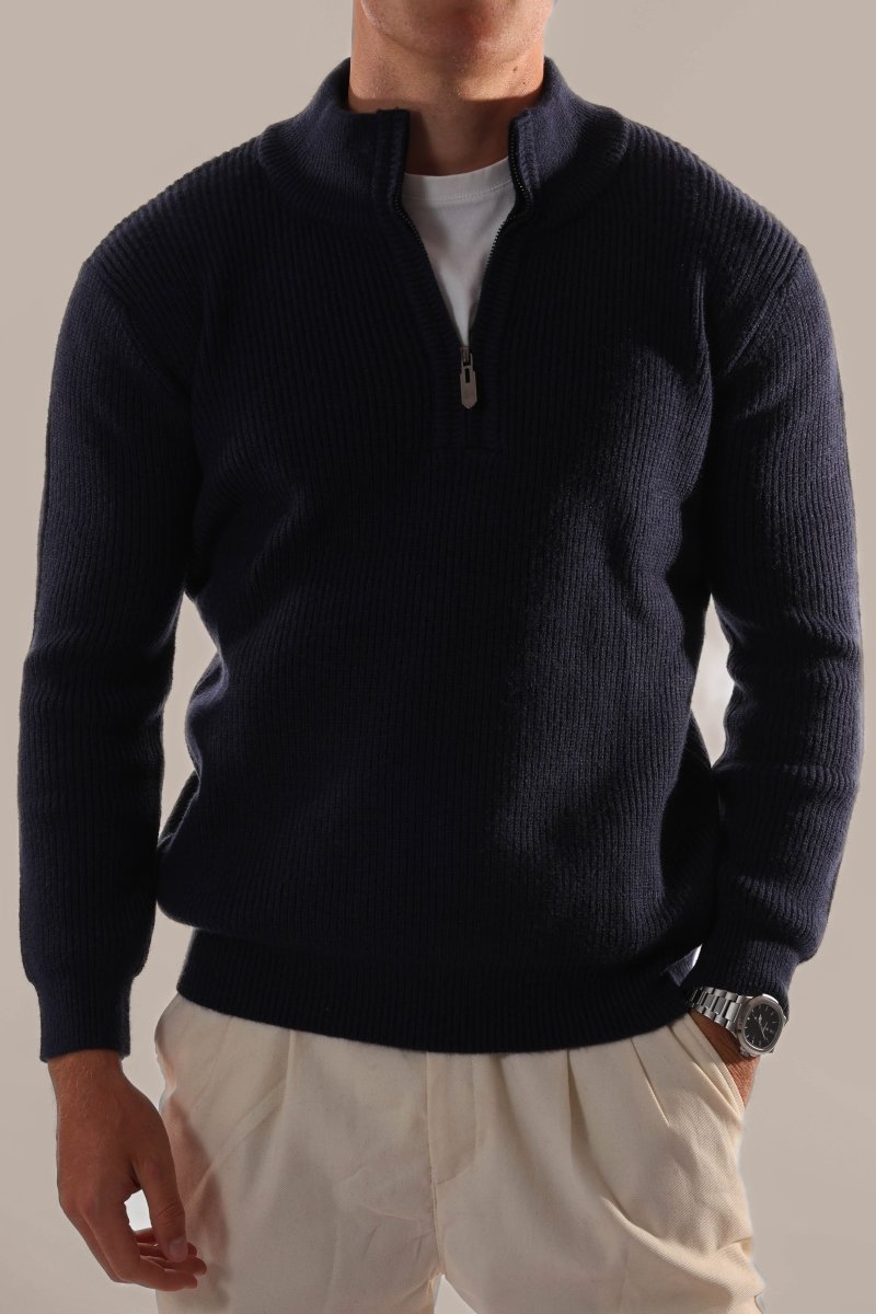 Men's Half Zip Jumper Knitted Stand Collar Rib Trim Warm Layer - Nalani - UK Fashion Clothing and Decor