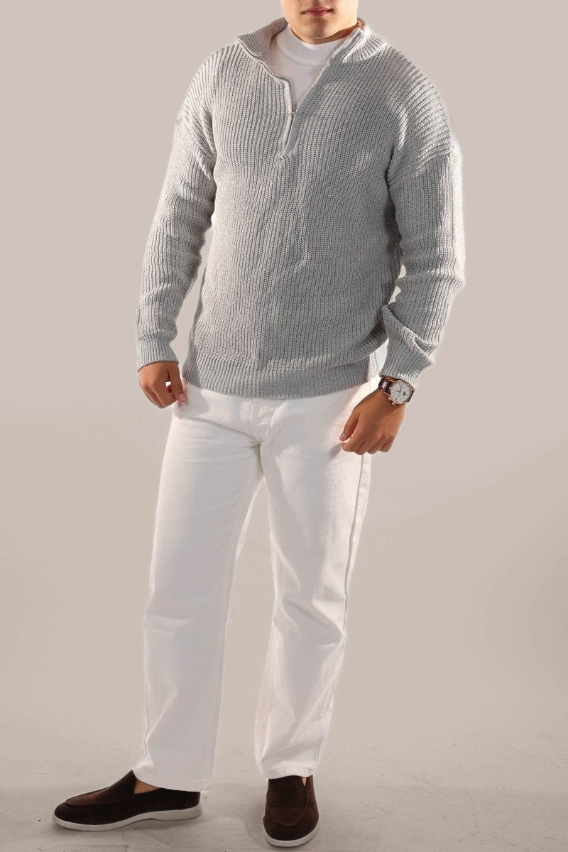 Men's Half Zip Jumper Knitted Stand Collar Rib Trim Warm Layer - Nalani - UK Fashion Clothing and Decor