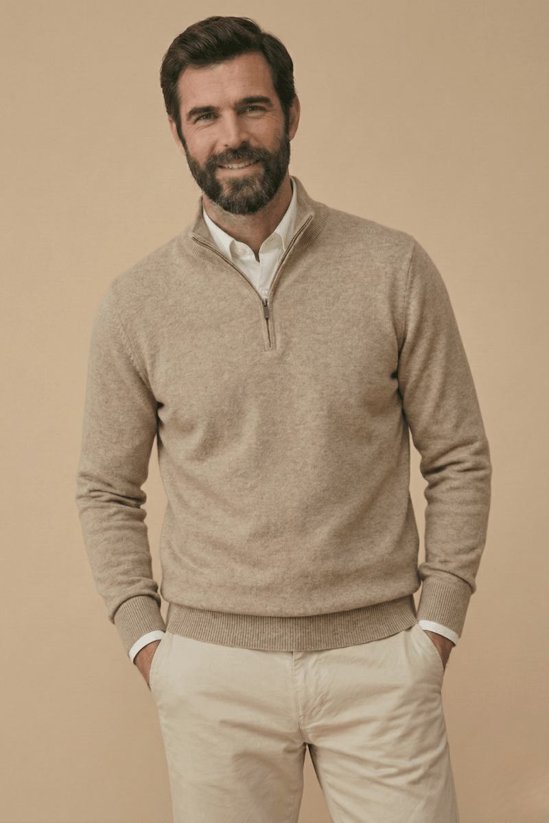 Mens Half Zip Jumper With Stand Collar Long Sleeve And Ribbed Hem - Nalani - UK Fashion Clothing and Decor
