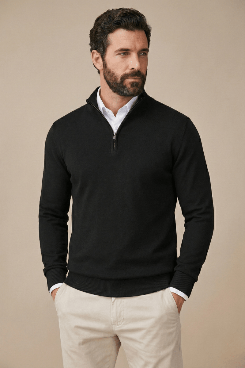 Mens Half Zip Jumper With Stand Collar Long Sleeve And Ribbed Hem - Nalani - UK Fashion Clothing and Decor
