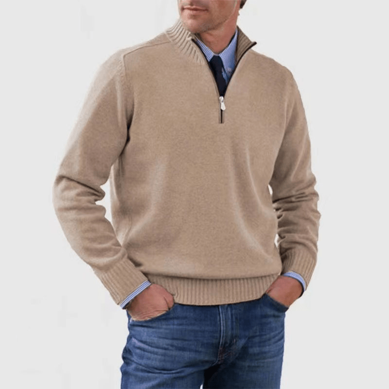 Mens Half Zip Mock Neck Knit Sweater With Ribbed Trims - Nalani - UK Fashion Clothing and Decor
