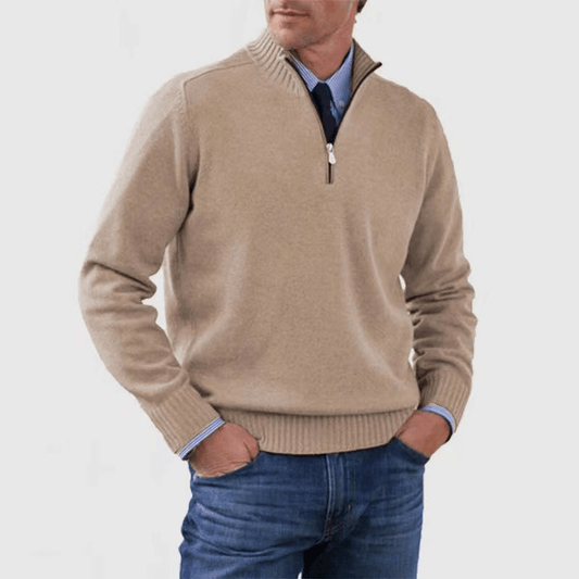 Mens Half Zip Mock Neck Knit Sweater With Ribbed Trims - Nalani - UK Fashion Clothing and Decor