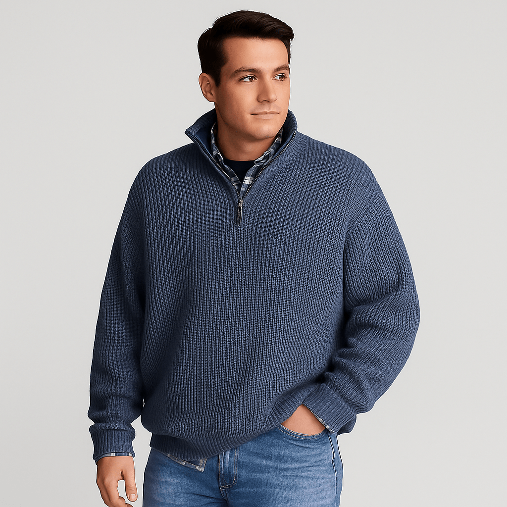 Mens Half Zip Ribbed Sweater With Stand Collar Layering - Nalani - UK Fashion Clothing and Decor