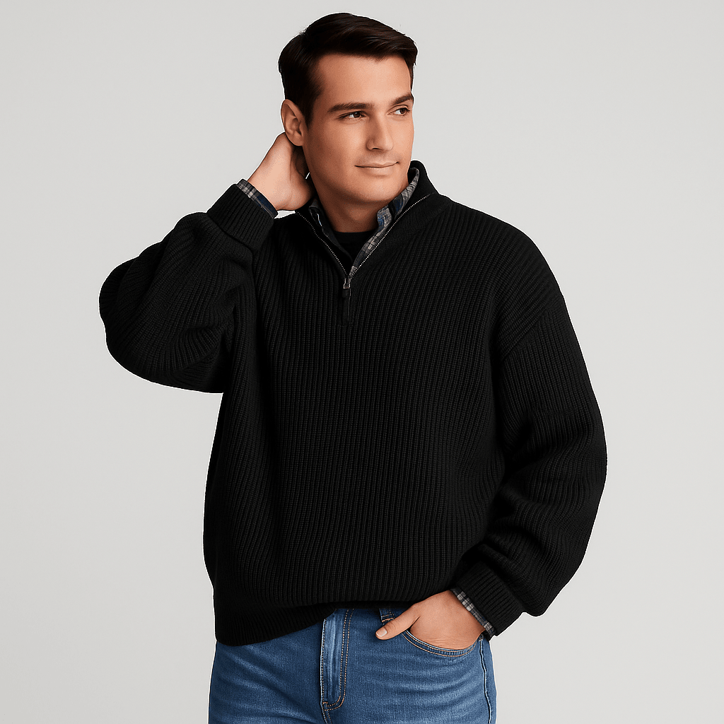 Mens Half Zip Ribbed Sweater With Stand Collar Layering - Nalani - UK Fashion Clothing and Decor