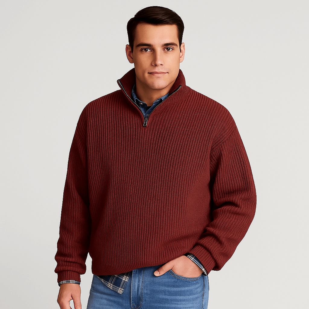 Mens Half Zip Ribbed Sweater With Stand Collar Layering - Nalani - UK Fashion Clothing and Decor