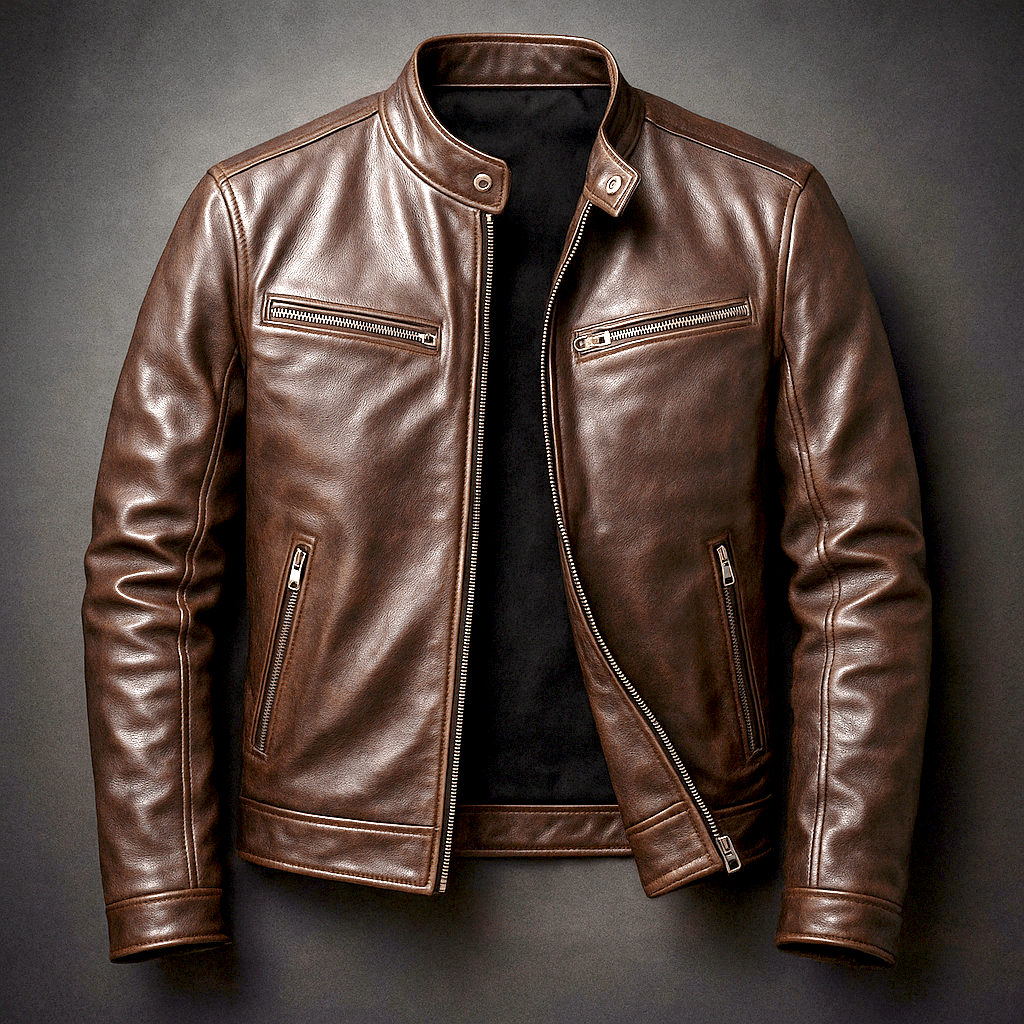 Men's Leather Jacket - Vintage Vegan Leather Zip Jacket with Pockets - Nalani - Fashion Clothing and Decor