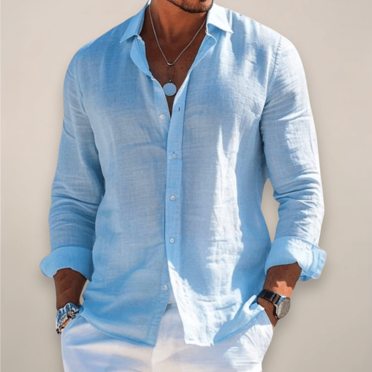 Men’s Linen Casual Long Sleeve Shirt – Solid Colour Button-Up in Multiple Shades - Nalani - Fashion Clothing and Decor