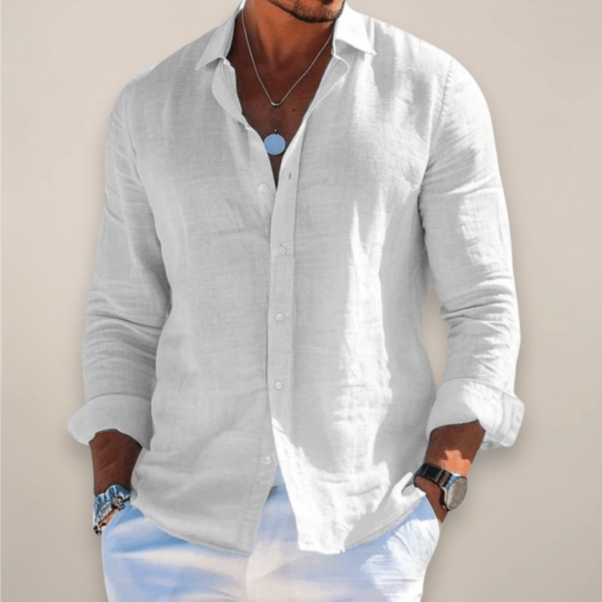 Men’s Linen Casual Long Sleeve Shirt – Solid Colour Button-Up in Multiple Shades - Nalani - Fashion Clothing and Decor