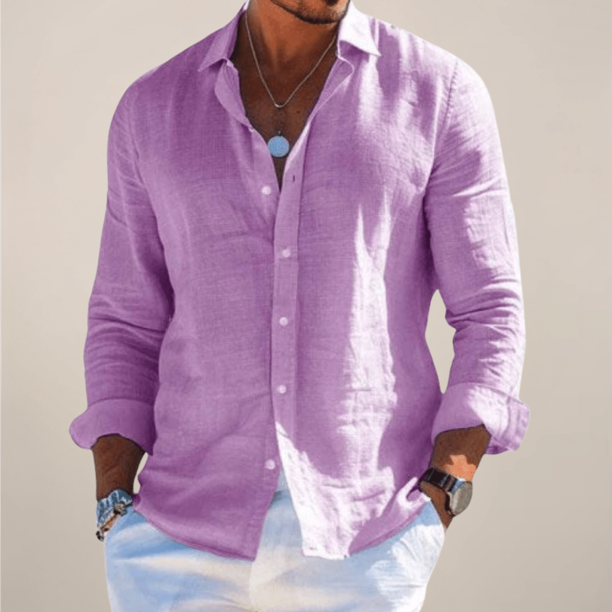 Men’s Linen Casual Long Sleeve Shirt – Solid Colour Button-Up in Multiple Shades - Nalani - Fashion Clothing and Decor