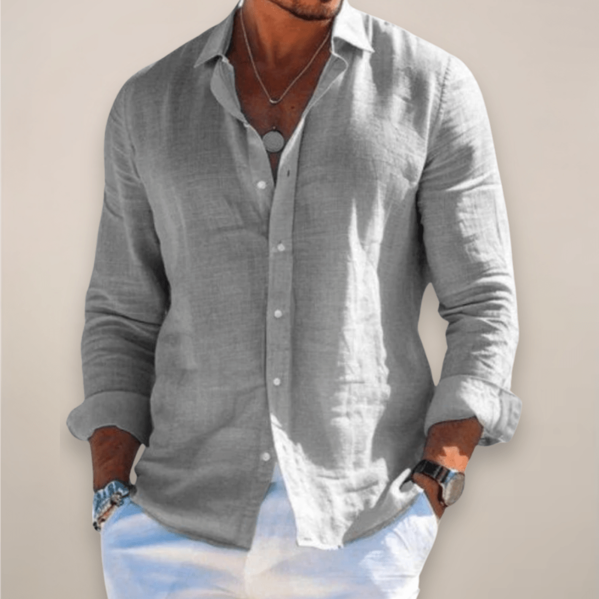Men’s Linen Casual Long Sleeve Shirt – Solid Colour Button-Up in Multiple Shades - Nalani - Fashion Clothing and Decor