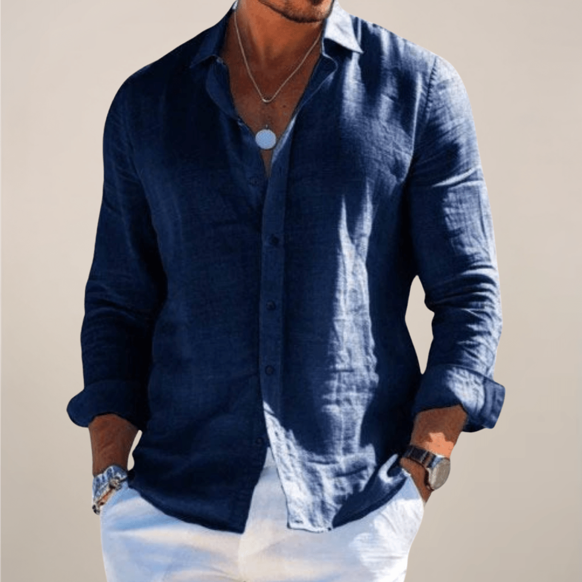 Men’s Linen Casual Long Sleeve Shirt – Solid Colour Button-Up in Multiple Shades - Nalani - Fashion Clothing and Decor