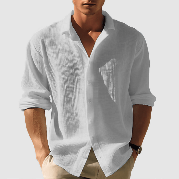 Men’s Long Sleeve Relaxed Fit Shirt - Waffle Textured Linen - Nalani - Fashion Clothing and Decor