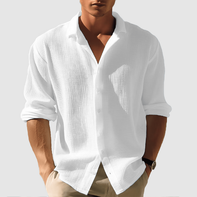 Men’s Long Sleeve Relaxed Fit Shirt - Waffle Textured Linen - Nalani - Fashion Clothing and Decor