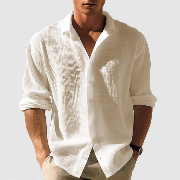 Men’s Long Sleeve Relaxed Fit Shirt - Waffle Textured Linen - Nalani - Fashion Clothing and Decor
