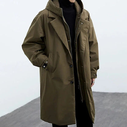 Men's Long Waterproof Puffer Trench Coat With Hood - Nalani - UK Fashion Clothing and Decor