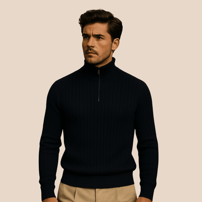Mens Ribbed Half Zip Jumper With Stand Collar Warm Knit Layer - Nalani - UK Fashion Clothing and Decor