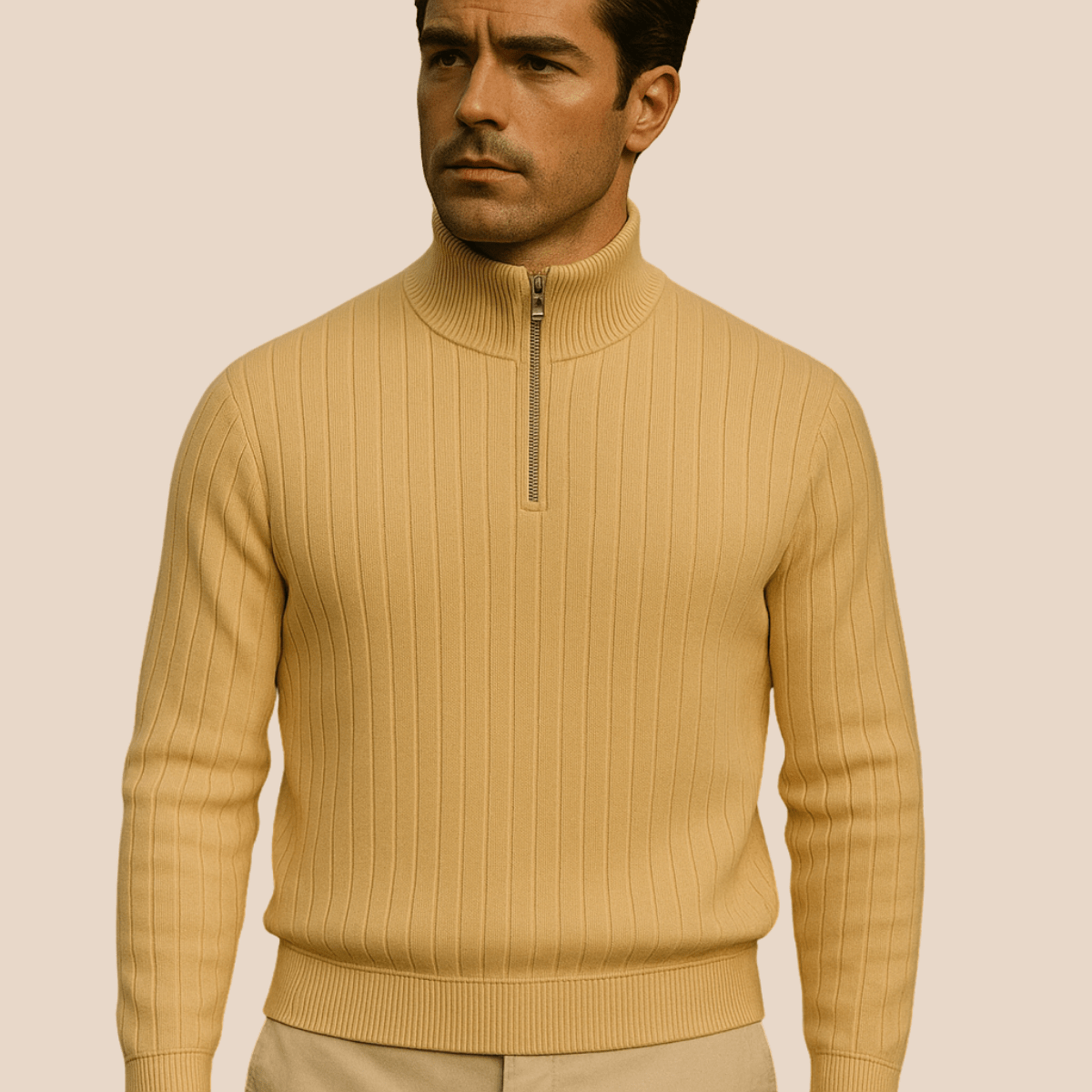 Mens Ribbed Half Zip Jumper With Stand Collar Warm Knit Layer - Nalani - UK Fashion Clothing and Decor