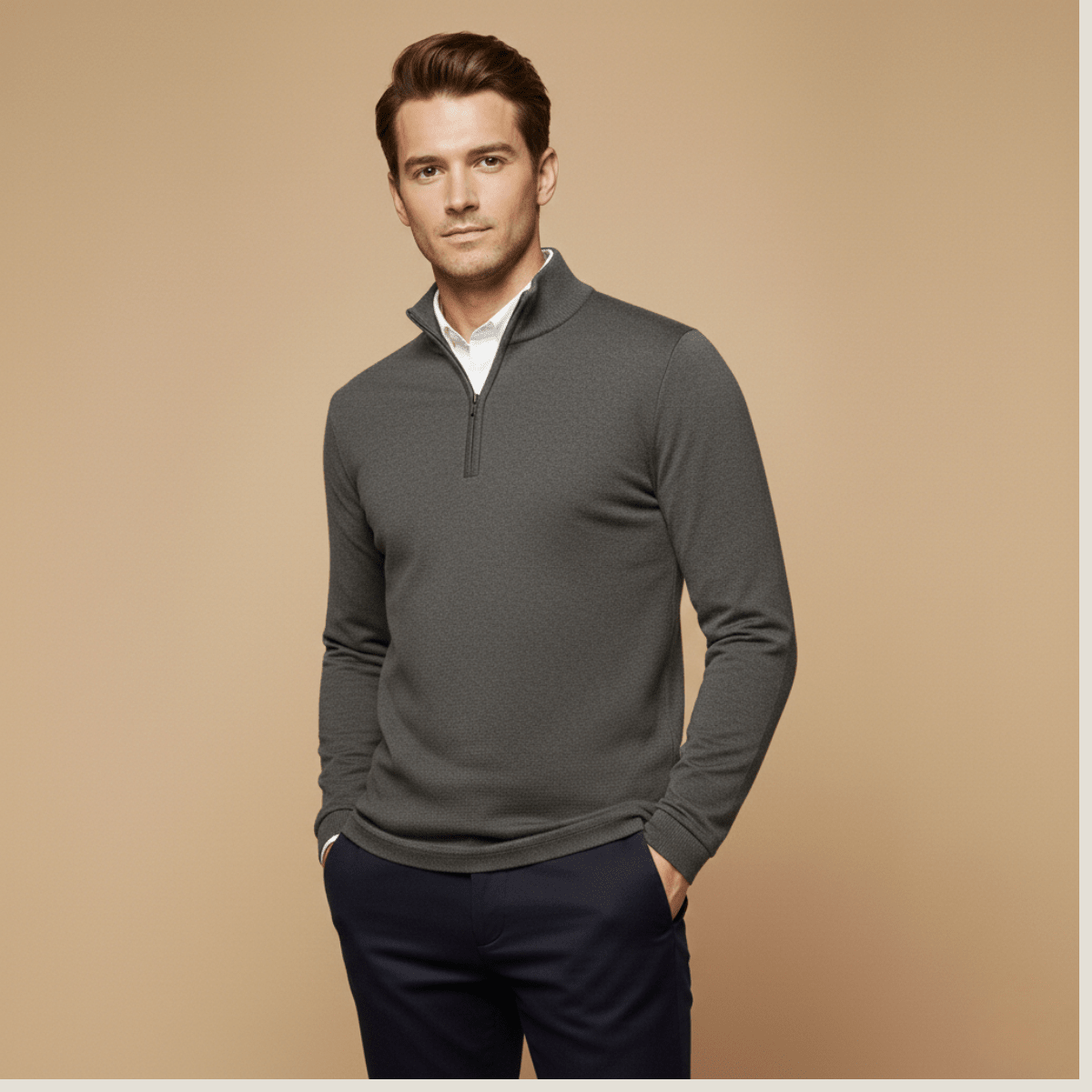 Men's Slim Fit Quarter Zip Sweater Stand Collar Ribbed Hem - Nalani - UK Fashion Clothing and Decor