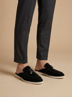 Men's Suede Mule Loafers - Open Back - Metal Bar Detail - Flat Rubber Sole - Nalani - Fashion Clothing and Decor
