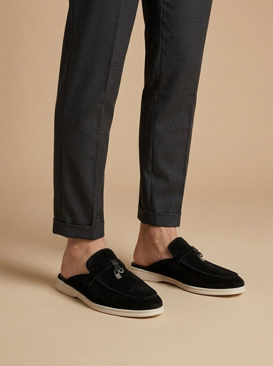 Men's Suede Mule Loafers - Open Back - Metal Bar Detail - Flat Rubber Sole - Nalani - Fashion Clothing and Decor