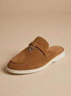 Men's Suede Mule Loafers - Open Back - Metal Bar Detail - Flat Rubber Sole - Nalani - Fashion Clothing and Decor