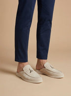 Men's Suede Mule Loafers - Open Back - Metal Bar Detail - Flat Rubber Sole - Nalani - Fashion Clothing and Decor
