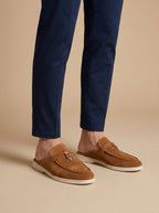 Men's Suede Mule Loafers - Open Back - Metal Bar Detail - Flat Rubber Sole - Nalani - Fashion Clothing and Decor