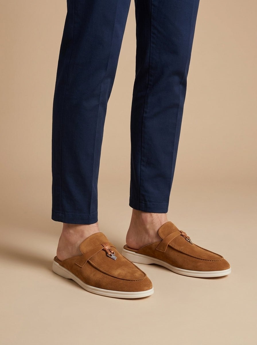 Men's Suede Mule Loafers - Open Back - Metal Bar Detail - Flat Rubber Sole - Nalani - Fashion Clothing and Decor