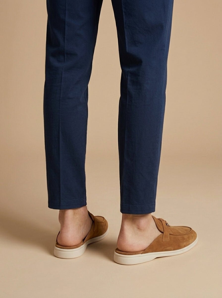 Men's Suede Mule Loafers - Open Back - Metal Bar Detail - Flat Rubber Sole - Nalani - Fashion Clothing and Decor
