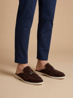 Men's Suede Mule Loafers - Open Back - Metal Bar Detail - Flat Rubber Sole - Nalani - Fashion Clothing and Decor