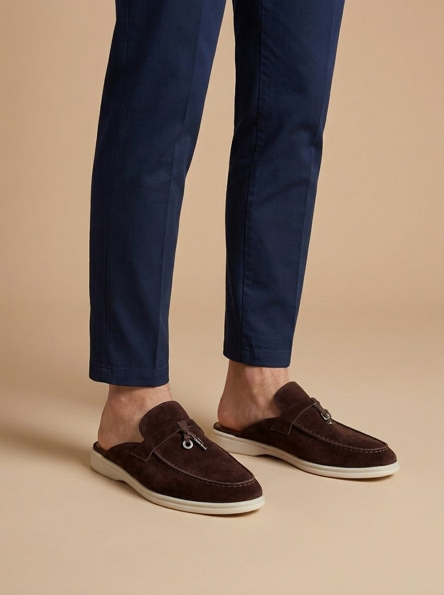 Men's Suede Mule Loafers - Open Back - Metal Bar Detail - Flat Rubber Sole - Nalani - Fashion Clothing and Decor