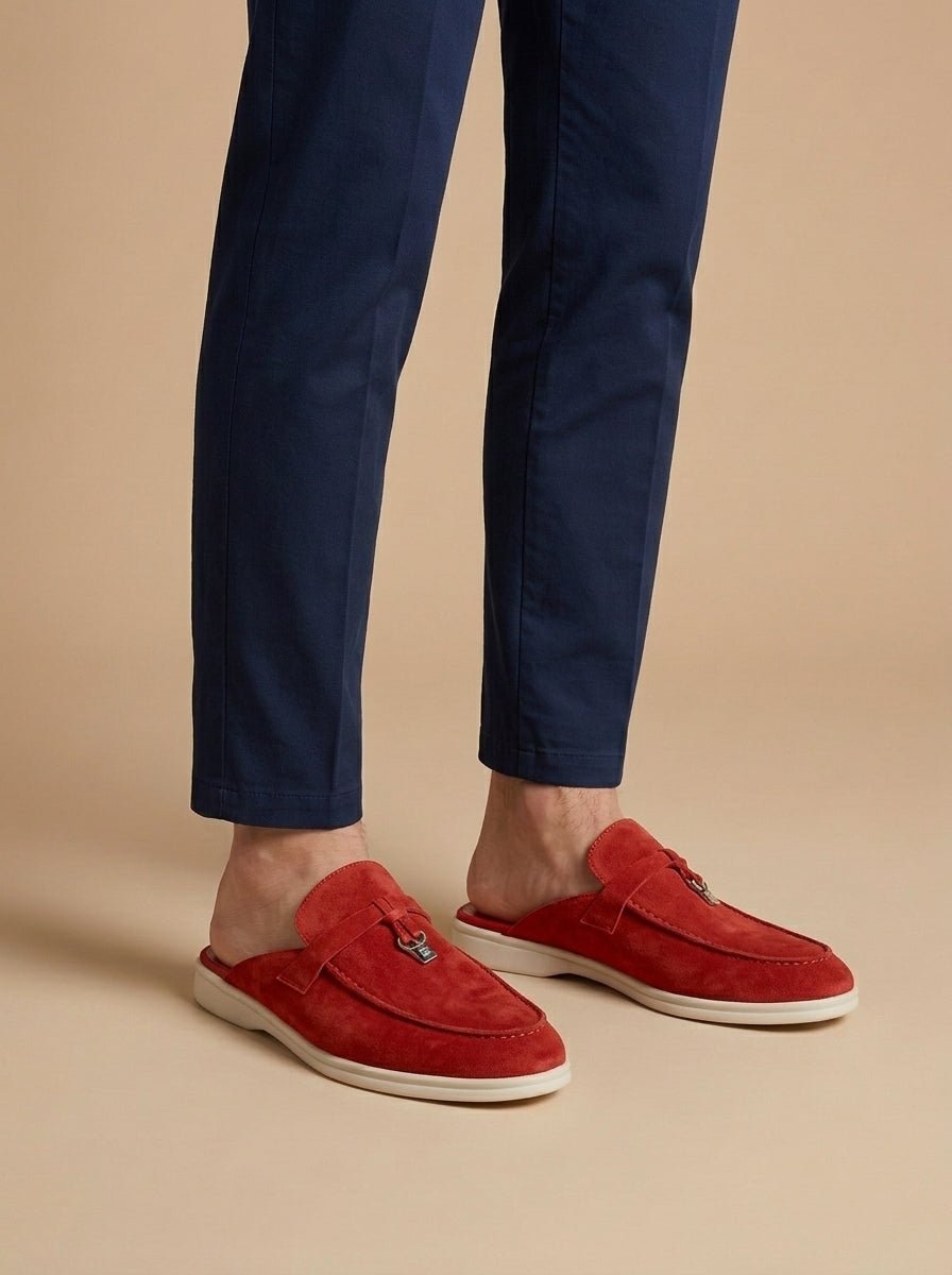 Men's Suede Mule Loafers - Open Back - Metal Bar Detail - Flat Rubber Sole - Nalani - Fashion Clothing and Decor