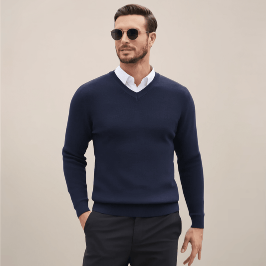 Mens V Neck Sweater For Autumn And Winter Layering Classic Knit - Nalani - UK Fashion Clothing and Decor