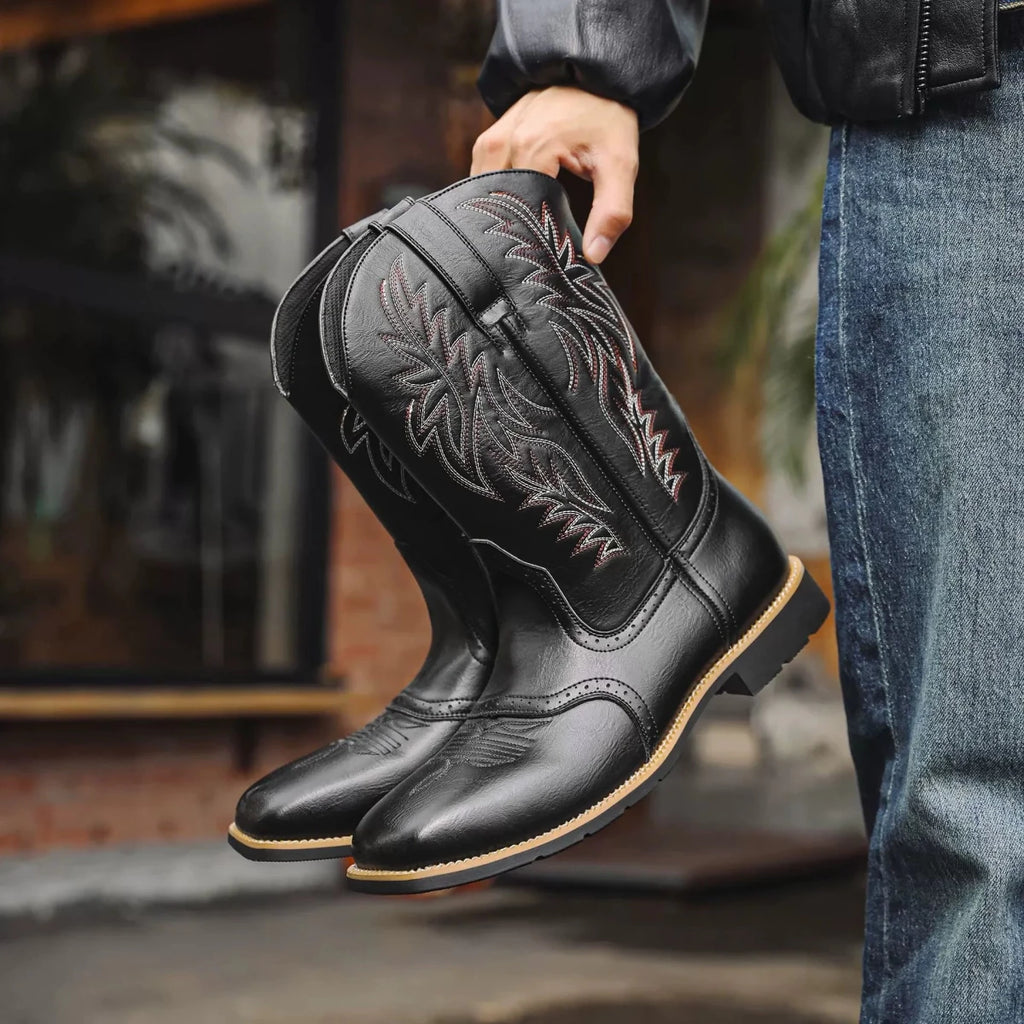 Mens Western Boots Embroidered Mid Calf Square Toe Cowboy Boots - Nalani - UK Fashion Clothing and Decor