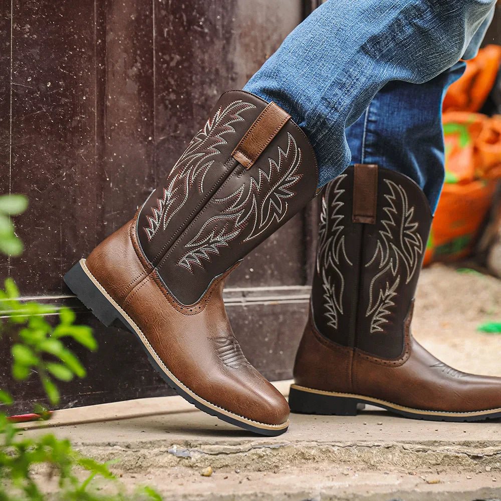 Mens Western Boots Embroidered Mid Calf Square Toe Cowboy Boots - Nalani - UK Fashion Clothing and Decor