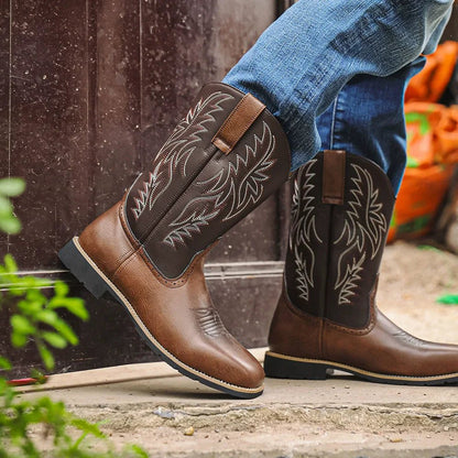 Mens Western Boots Embroidered Mid Calf Square Toe Cowboy Boots - Nalani - UK Fashion Clothing and Decor