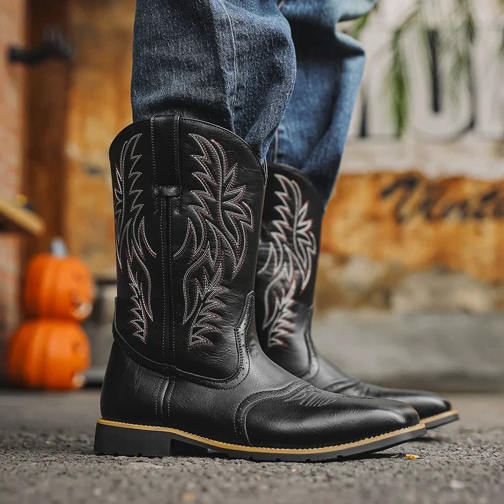 Mens Western Boots Embroidered Mid Calf Square Toe Cowboy Boots - Nalani - UK Fashion Clothing and Decor