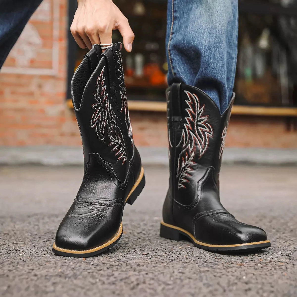 Mens Western Boots Embroidered Mid Calf Square Toe Cowboy Boots - Nalani - UK Fashion Clothing and Decor