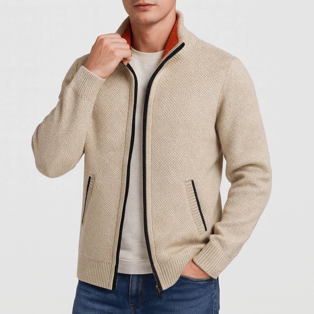 Mens Zip Up Cardigan With High Collar For Office Or Casual Wear - Nalani - UK Fashion Clothing and Decor