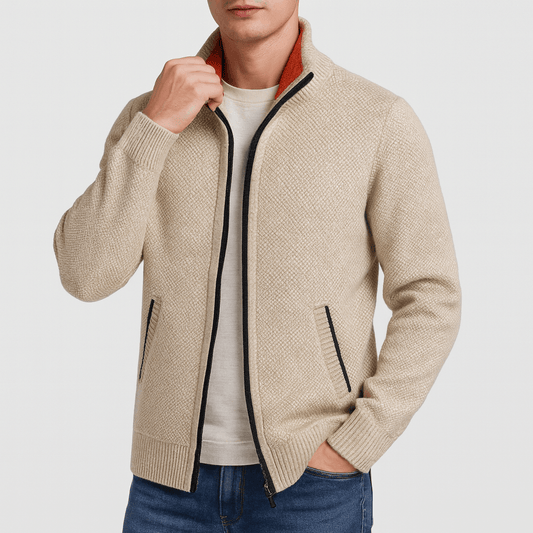 Mens Zip Up Cardigan With High Collar For Office Or Casual Wear - Nalani - UK Fashion Clothing and Decor