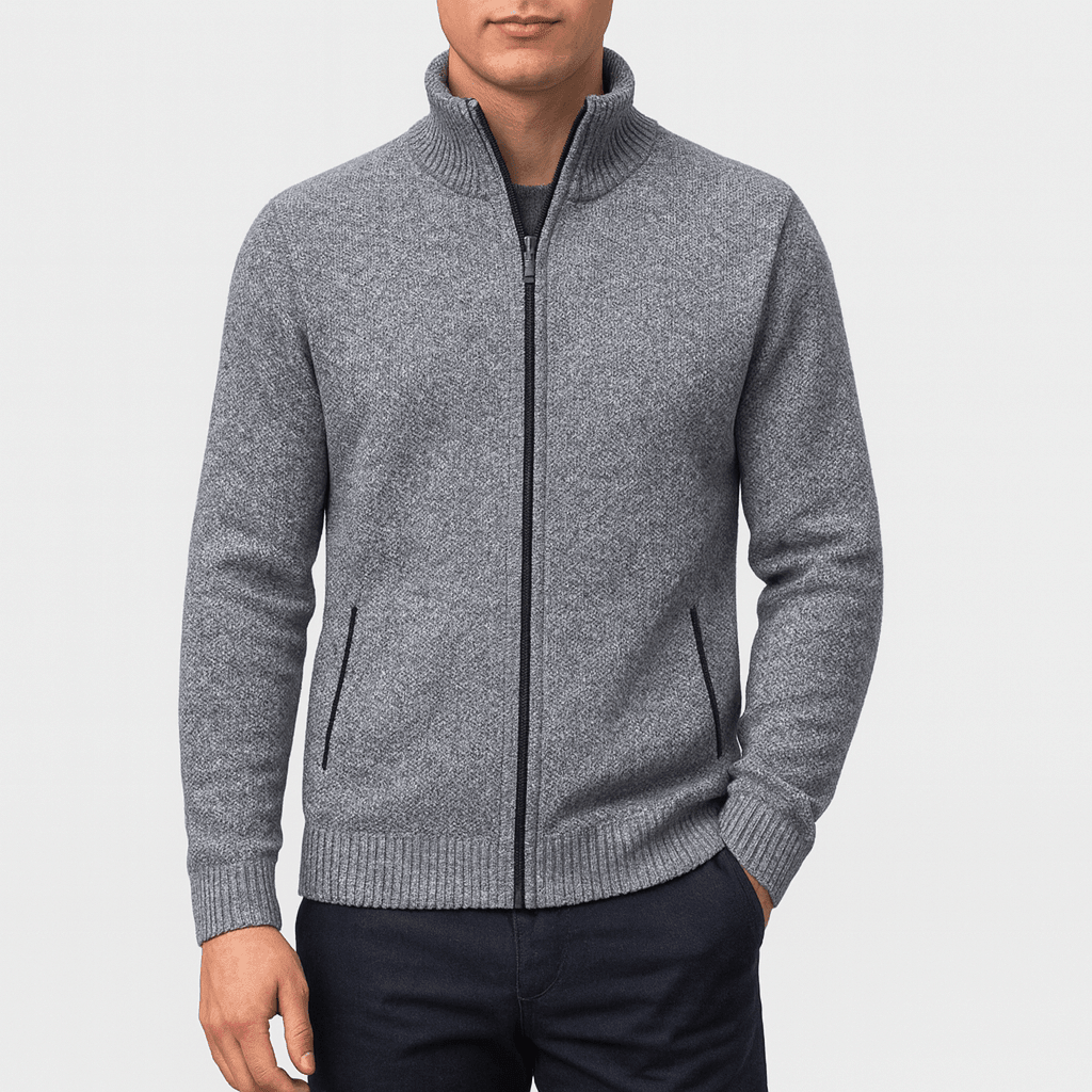 Mens Zip Up Cardigan With High Collar For Office Or Casual Wear - Nalani - UK Fashion Clothing and Decor