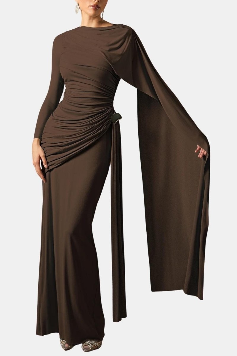 Mira – Draped Cape Ruched Maxi Dress Elegant Evening Gown - Nalani - Fashion Clothing and Decor