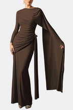 Mira – Draped Cape Ruched Maxi Dress Elegant Evening Gown - Nalani - Fashion Clothing and Decor